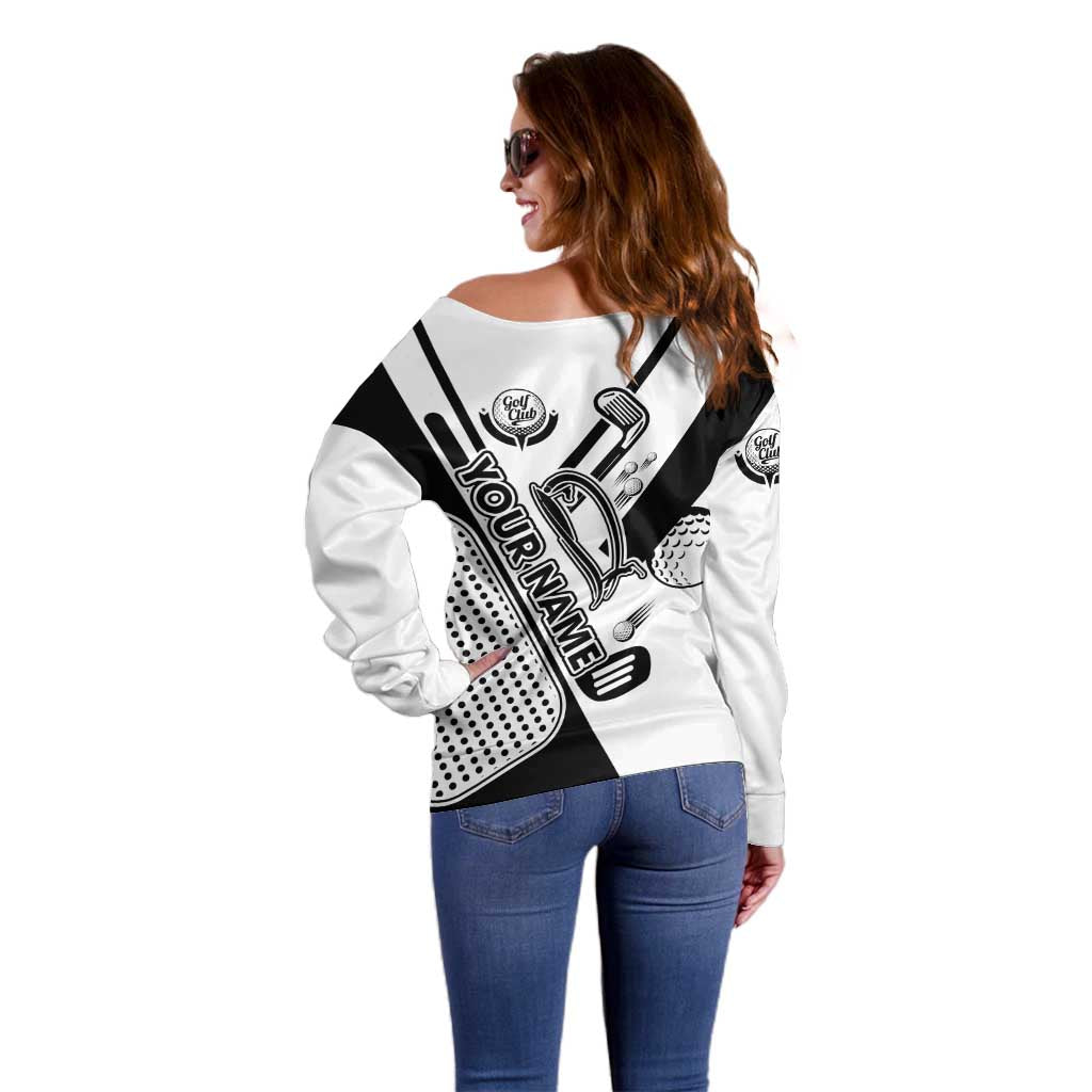 Golf Club Monochrome Design Off Shoulder Sweater with Golf Ball and Club Graphic and Custom Name Print - Wonder Print Shop