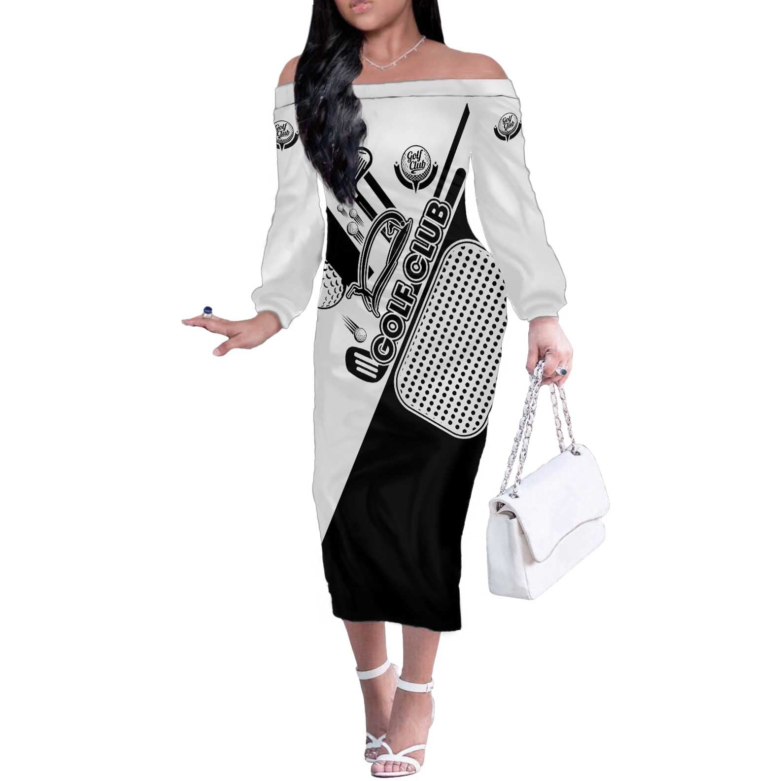 Golf Club Monochrome Design Off The Shoulder Long Sleeve Dress with Golf Ball and Club Graphic and Custom Name Print - Wonder Print Shop