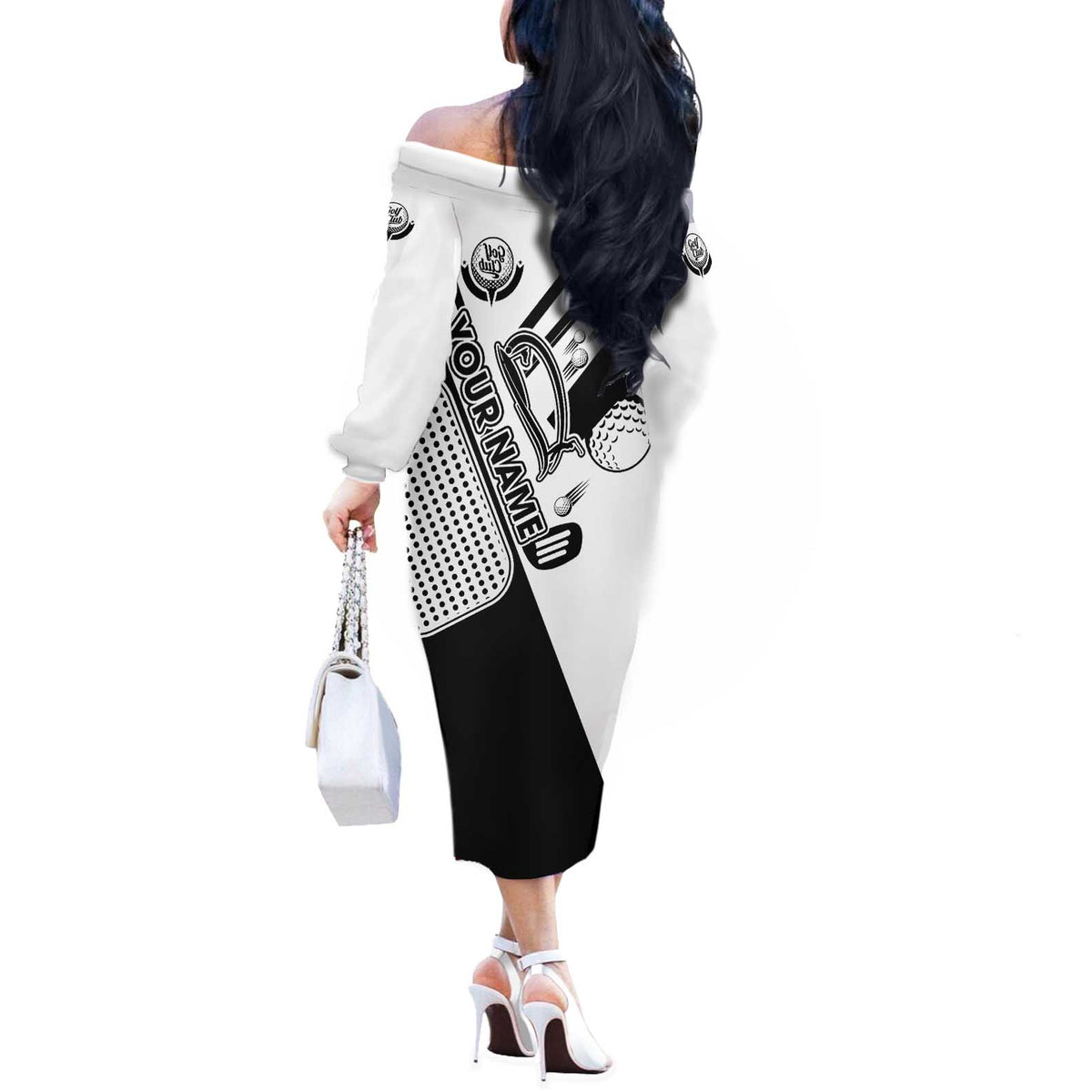 Golf Club Monochrome Design Off The Shoulder Long Sleeve Dress with Golf Ball and Club Graphic and Custom Name Print - Wonder Print Shop