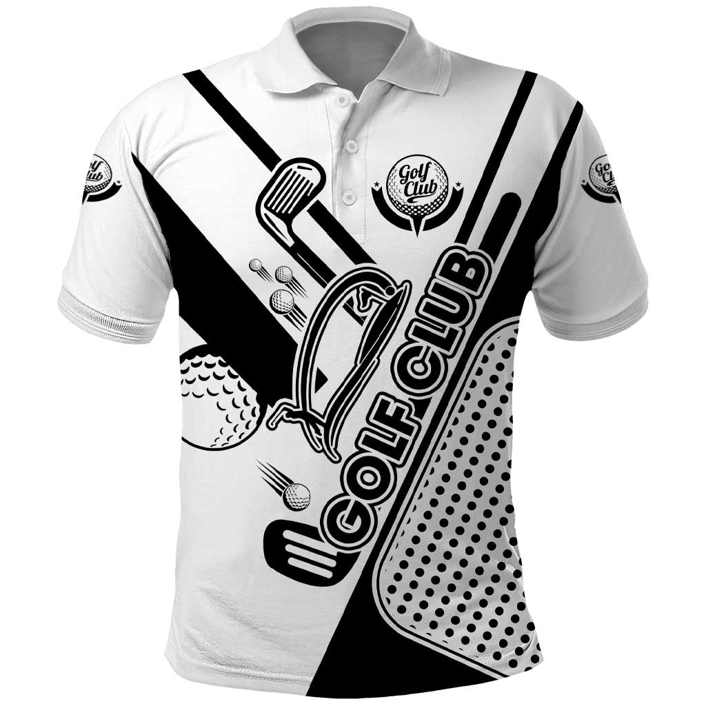 Golf Club Monochrome Design Polo Shirt with Golf Ball and Club Graphic and Custom Name Print - Wonder Print Shop