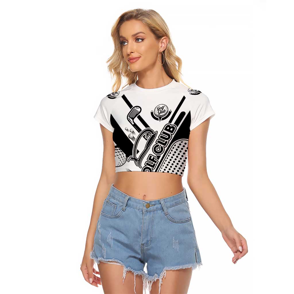 Golf Club Monochrome Design Raglan Cropped T Shirt with Golf Ball and Club Graphic and Custom Name Print - Wonder Print Shop