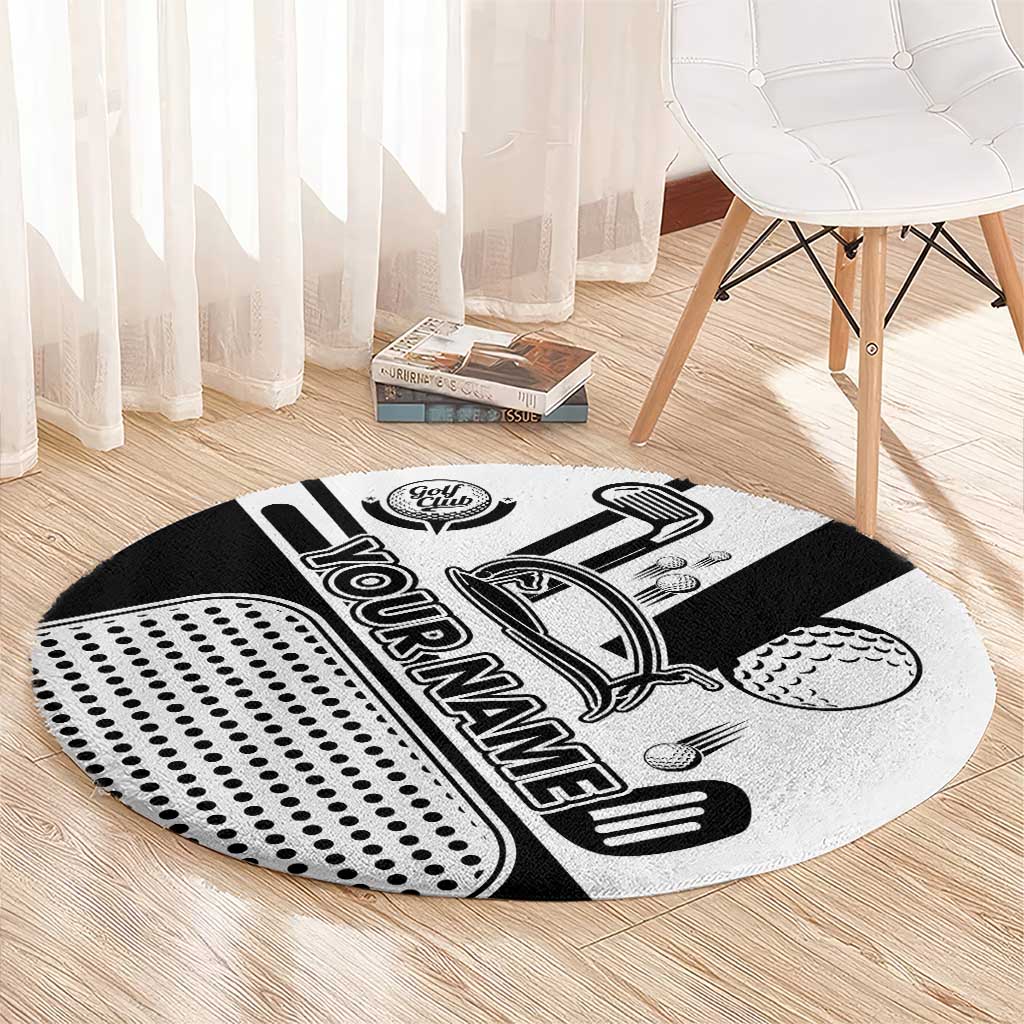 Golf Club Monochrome Design Round Carpet with Golf Ball and Club Graphic and Custom Name Print - Wonder Print Shop