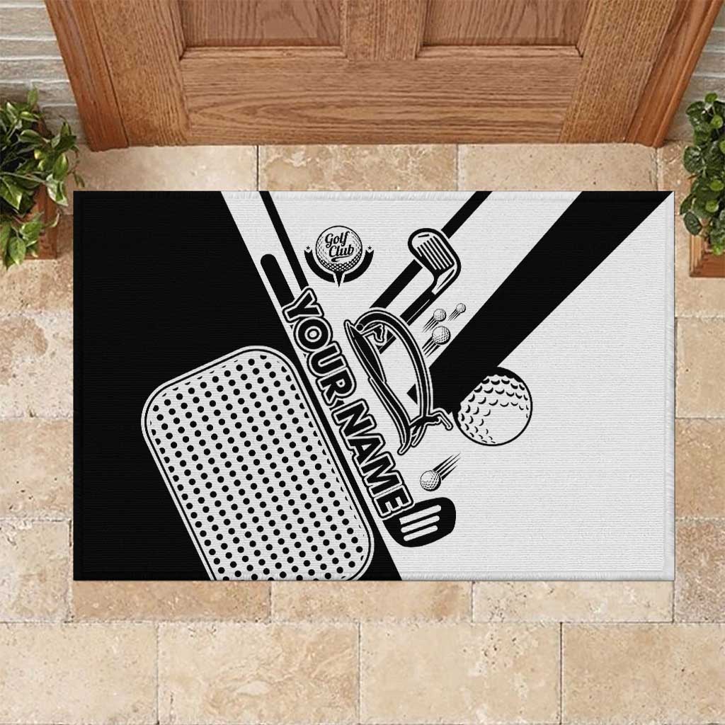Golf Club Monochrome Design Rubber Doormat with Golf Ball and Club Graphic and Custom Name Print - Wonder Print Shop
