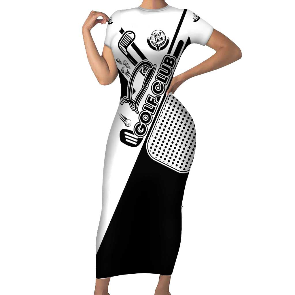Golf Club Monochrome Design Short Sleeve Bodycon Dress with Golf Ball and Club Graphic and Custom Name Print - Wonder Print Shop