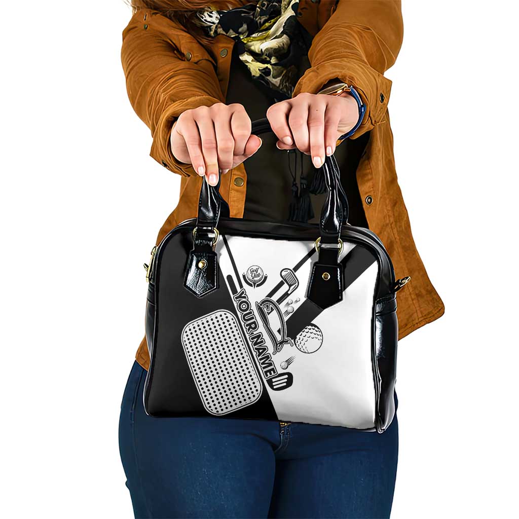 Golf Club Monochrome Design Shoulder Handbag with Golf Ball and Club Graphic and Custom Name Print - Wonder Print Shop