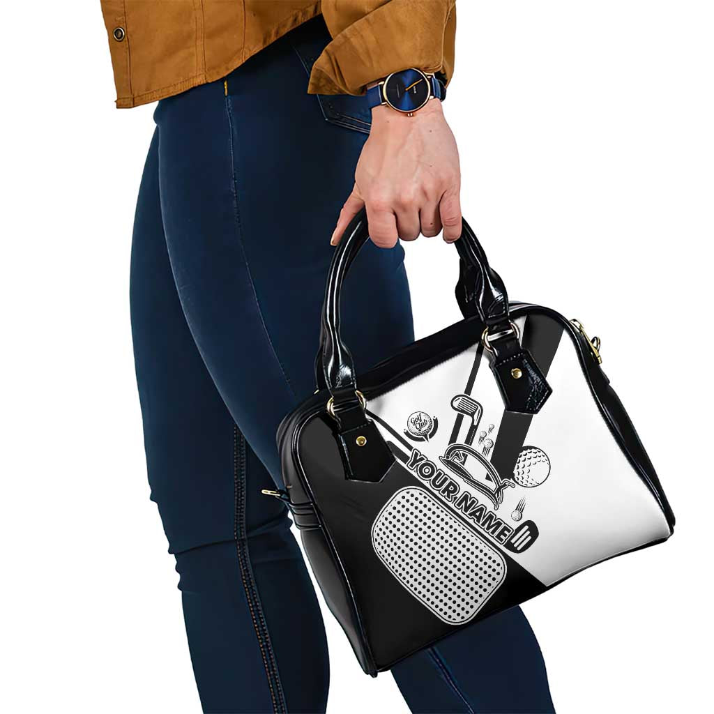 Golf Club Monochrome Design Shoulder Handbag with Golf Ball and Club Graphic and Custom Name Print - Wonder Print Shop