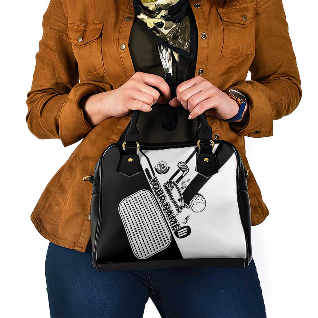 Golf Club Monochrome Design Shoulder Handbag with Golf Ball and Club Graphic and Custom Name Print - Wonder Print Shop