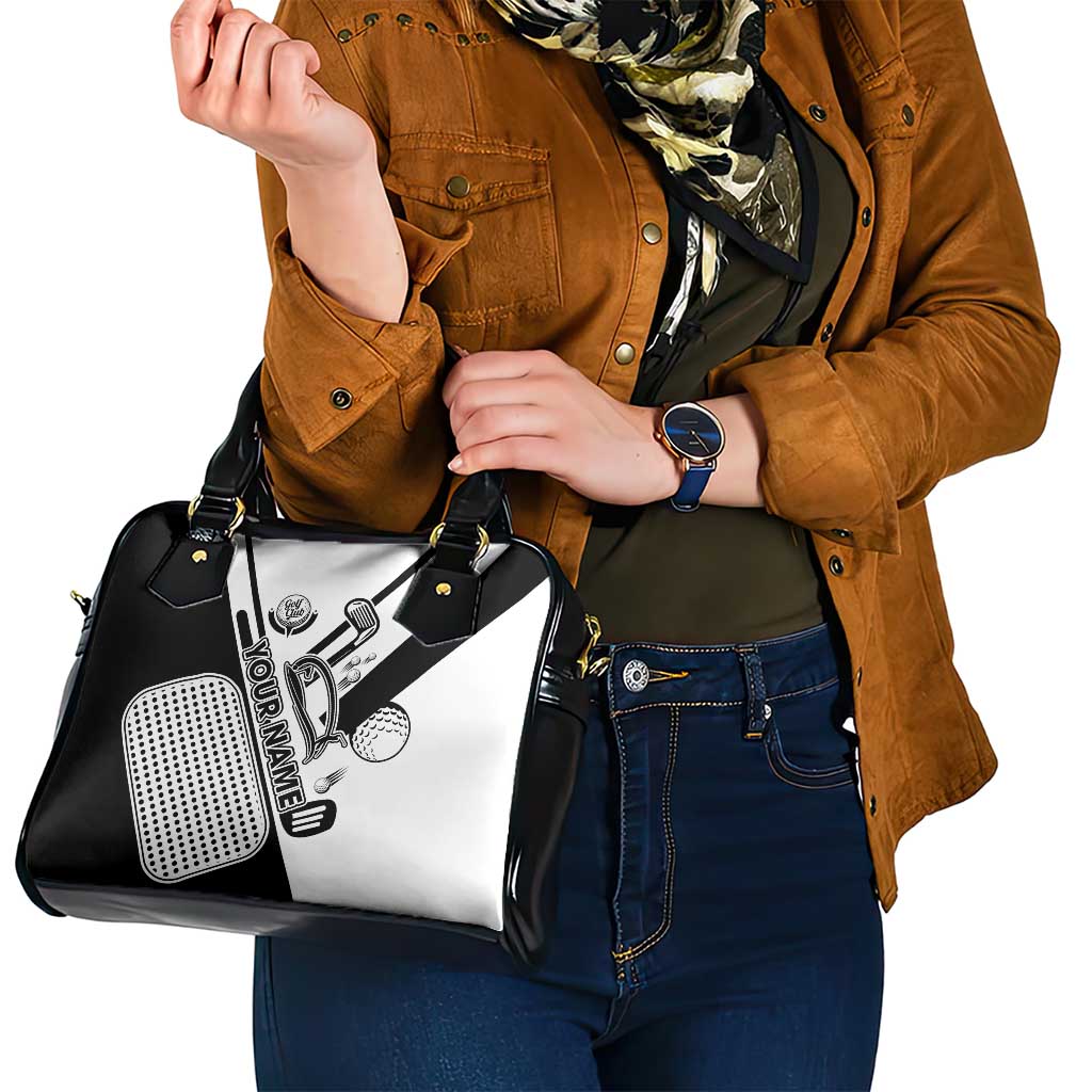 Golf Club Monochrome Design Shoulder Handbag with Golf Ball and Club Graphic and Custom Name Print - Wonder Print Shop