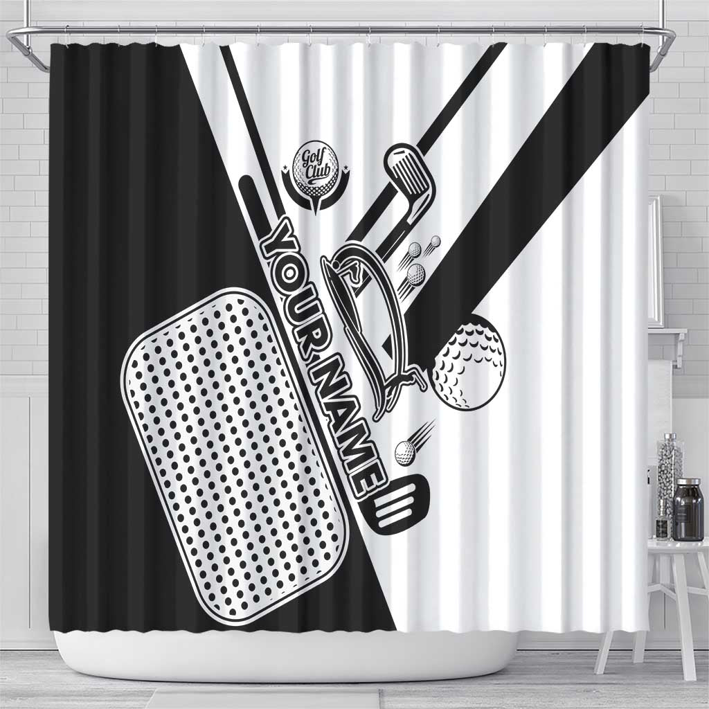 Golf Club Monochrome Design Shower Curtain with Golf Ball and Club Graphic and Custom Name Print - Wonder Print Shop