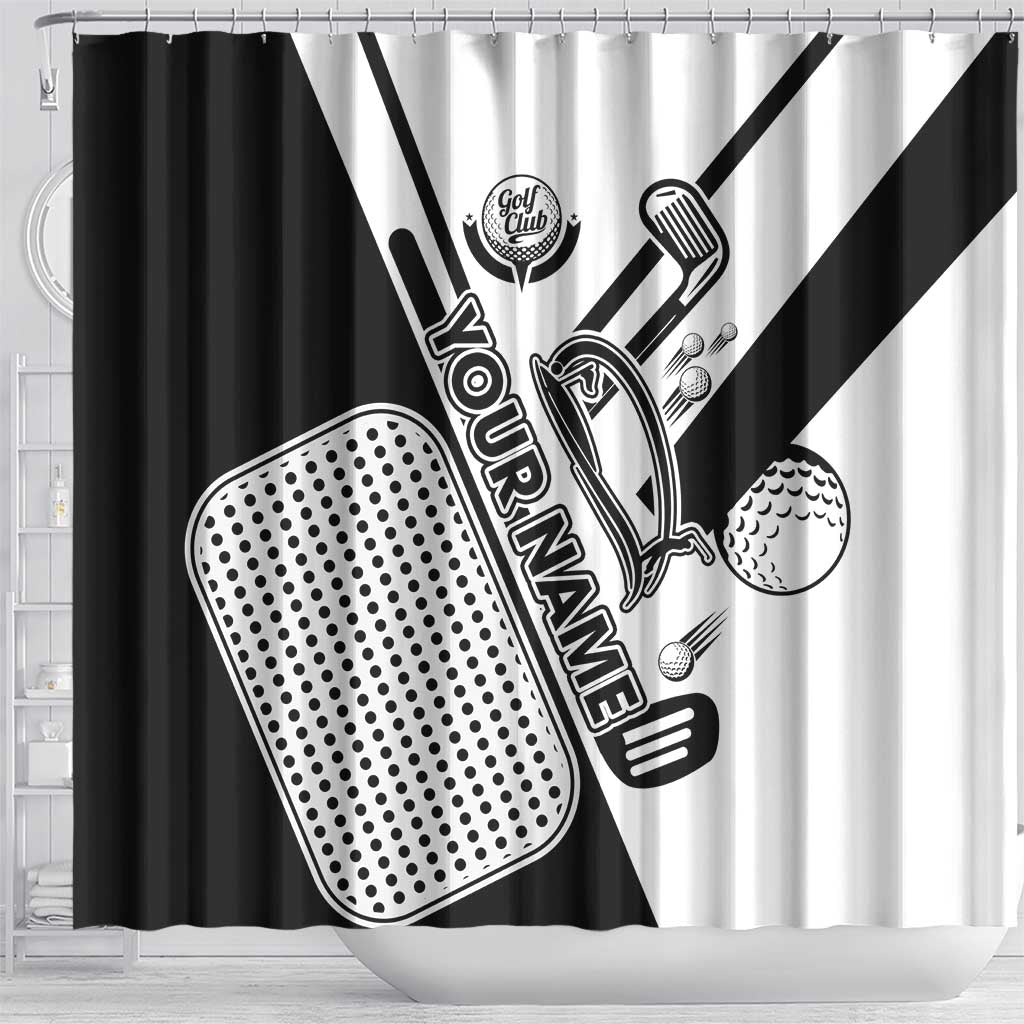 Golf Club Monochrome Design Shower Curtain with Golf Ball and Club Graphic and Custom Name Print - Wonder Print Shop