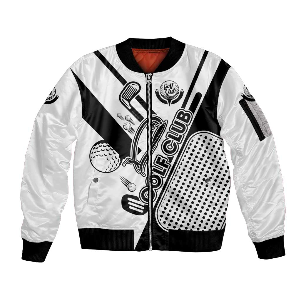 Golf Club Monochrome Design Sleeve Zip Bomber Jacket with Golf Ball and Club Graphic and Custom Name Print - Wonder Print Shop