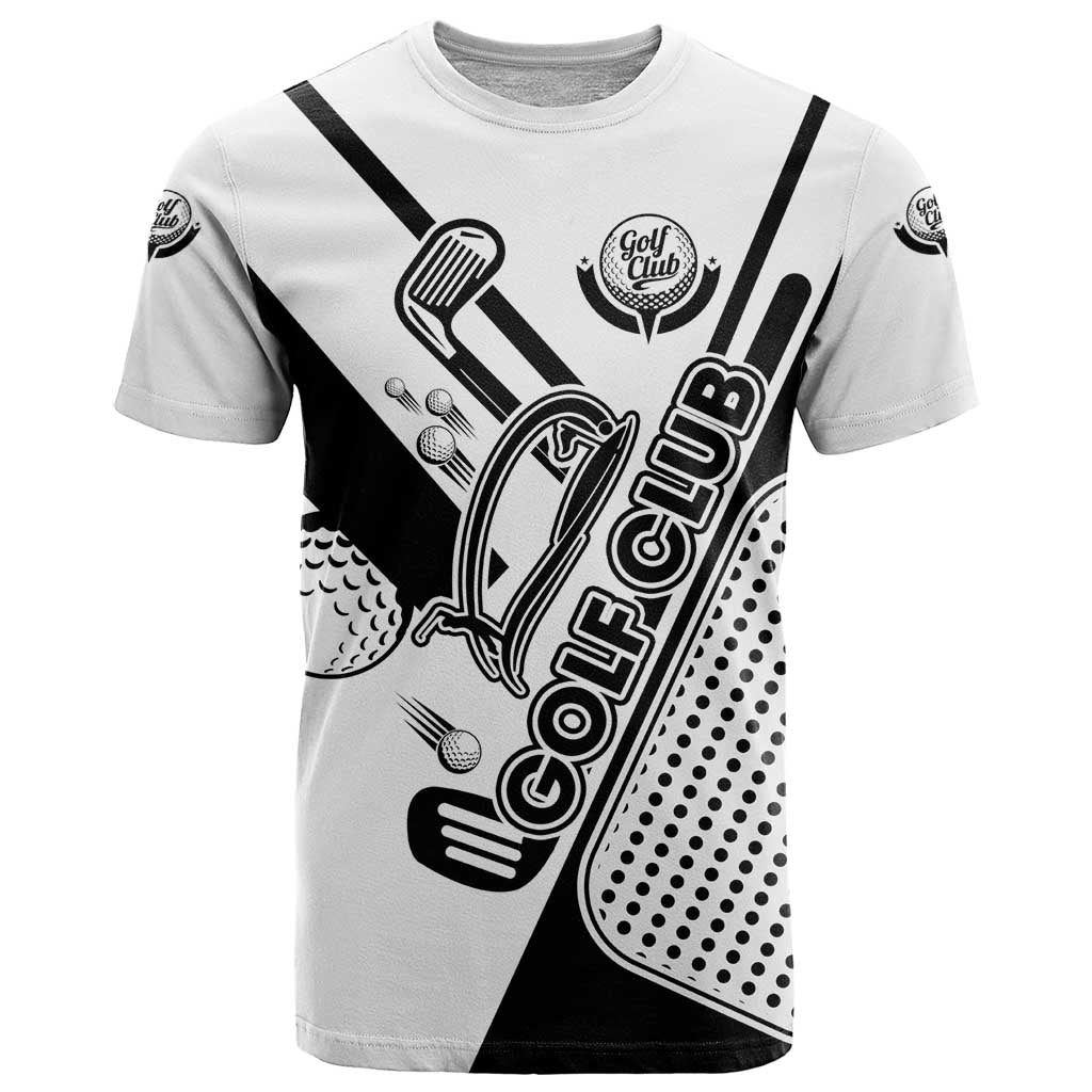 Golf Club Monochrome Design T Shirt with Golf Ball and Club Graphic and Custom Name Print - Wonder Print Shop