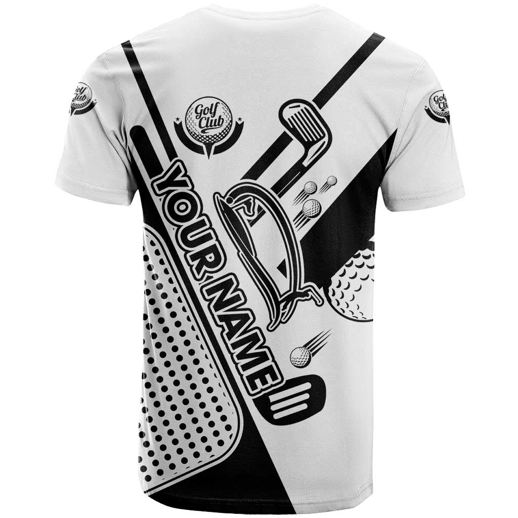 Golf Club Monochrome Design T Shirt with Golf Ball and Club Graphic and Custom Name Print - Wonder Print Shop
