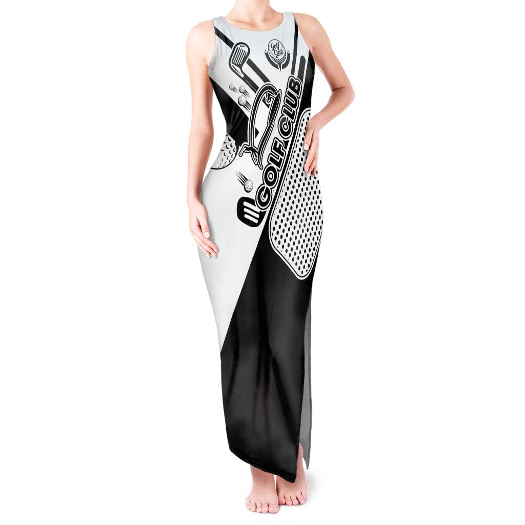 Golf Club Monochrome Design Tank Maxi Dress with Golf Ball and Club Graphic and Custom Name Print - Wonder Print Shop