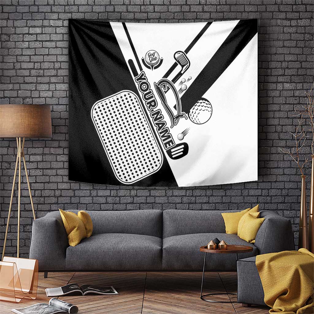 Golf Club Monochrome Design Tapestry with Golf Ball and Club Graphic and Custom Name Print - Wonder Print Shop