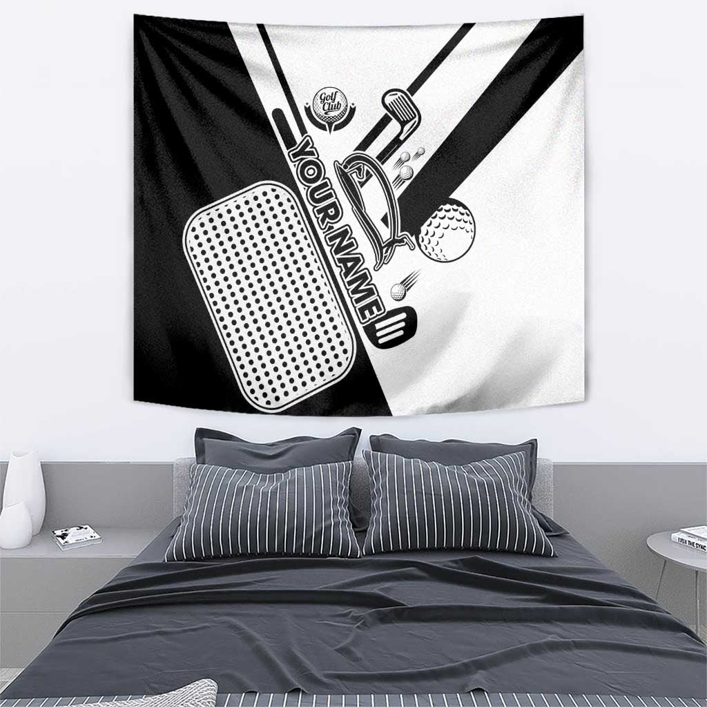 Golf Club Monochrome Design Tapestry with Golf Ball and Club Graphic and Custom Name Print - Wonder Print Shop