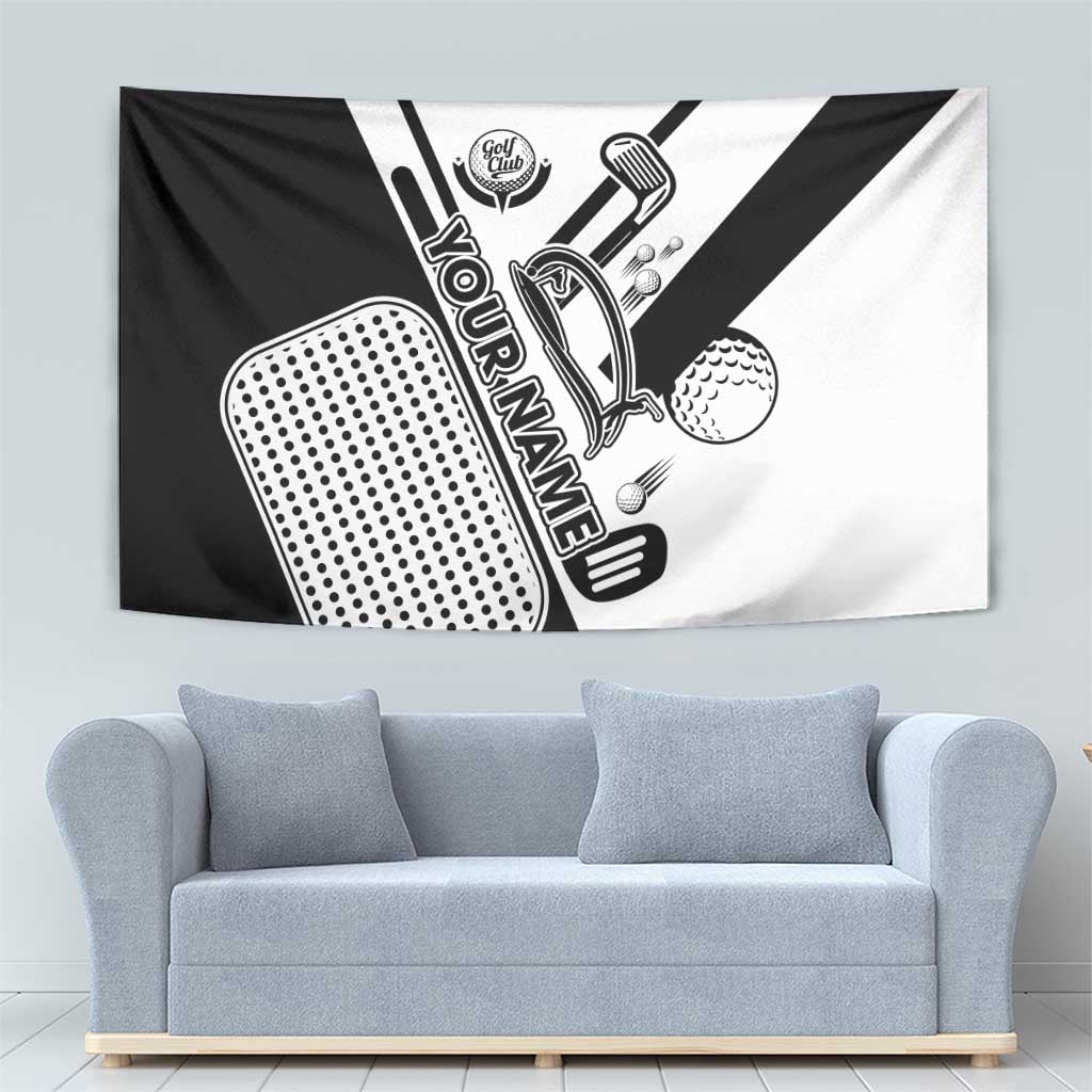 Golf Club Monochrome Design Tapestry with Golf Ball and Club Graphic and Custom Name Print - Wonder Print Shop
