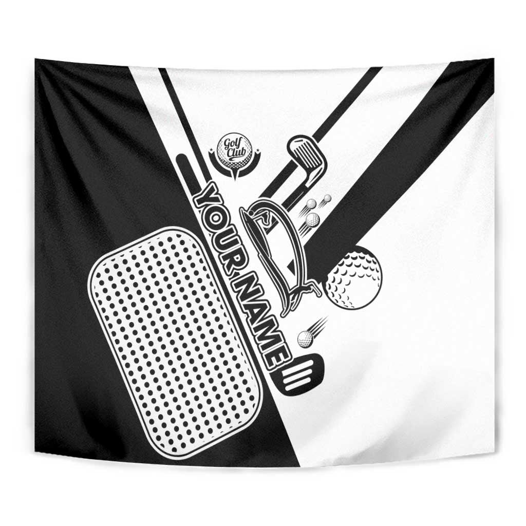 Golf Club Monochrome Design Tapestry with Golf Ball and Club Graphic and Custom Name Print - Wonder Print Shop