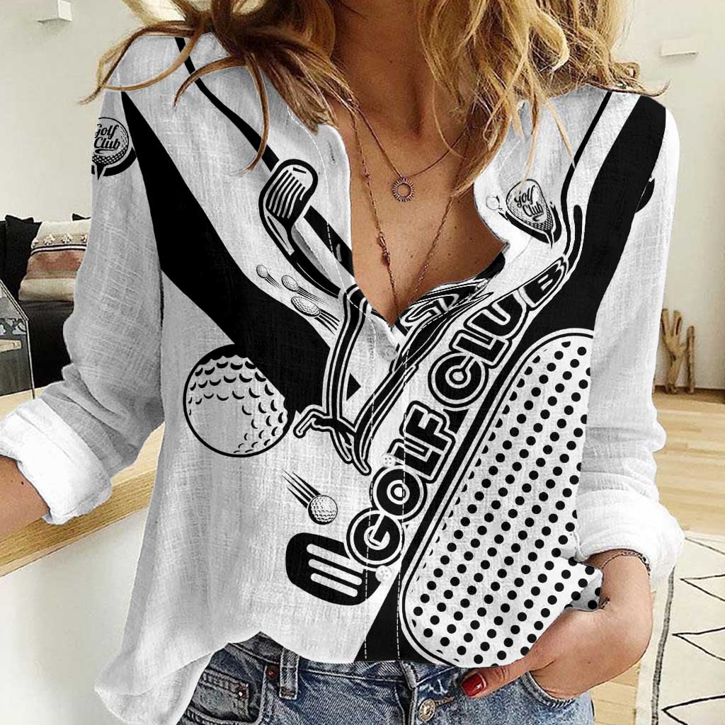 Golf Club Monochrome Design Women Casual Shirt with Golf Ball and Club Graphic and Custom Name Print - Wonder Print Shop