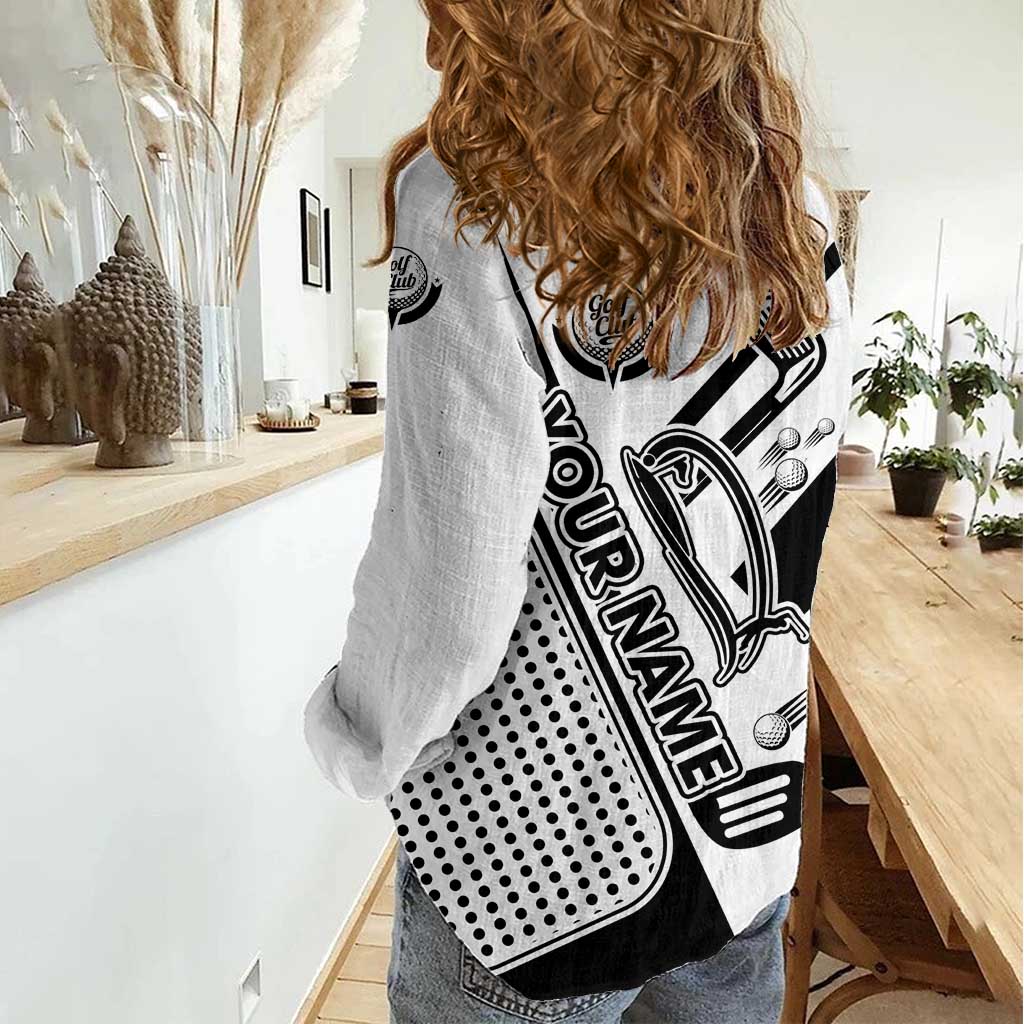 Golf Club Monochrome Design Women Casual Shirt with Golf Ball and Club Graphic and Custom Name Print - Wonder Print Shop