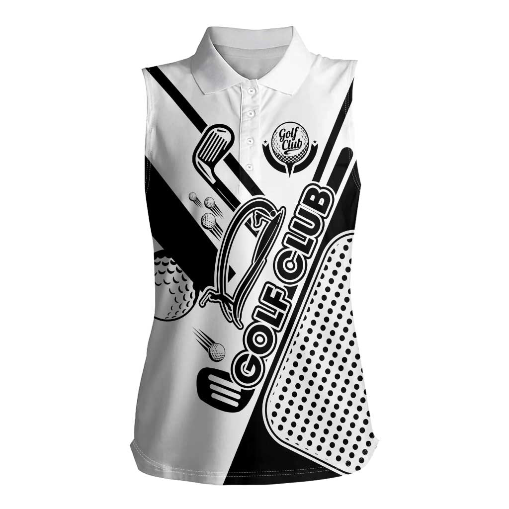 Golf Club Monochrome Design Women Sleeveless Polo Shirt with Golf Ball and Club Graphic and Custom Name Print - Wonder Print Shop