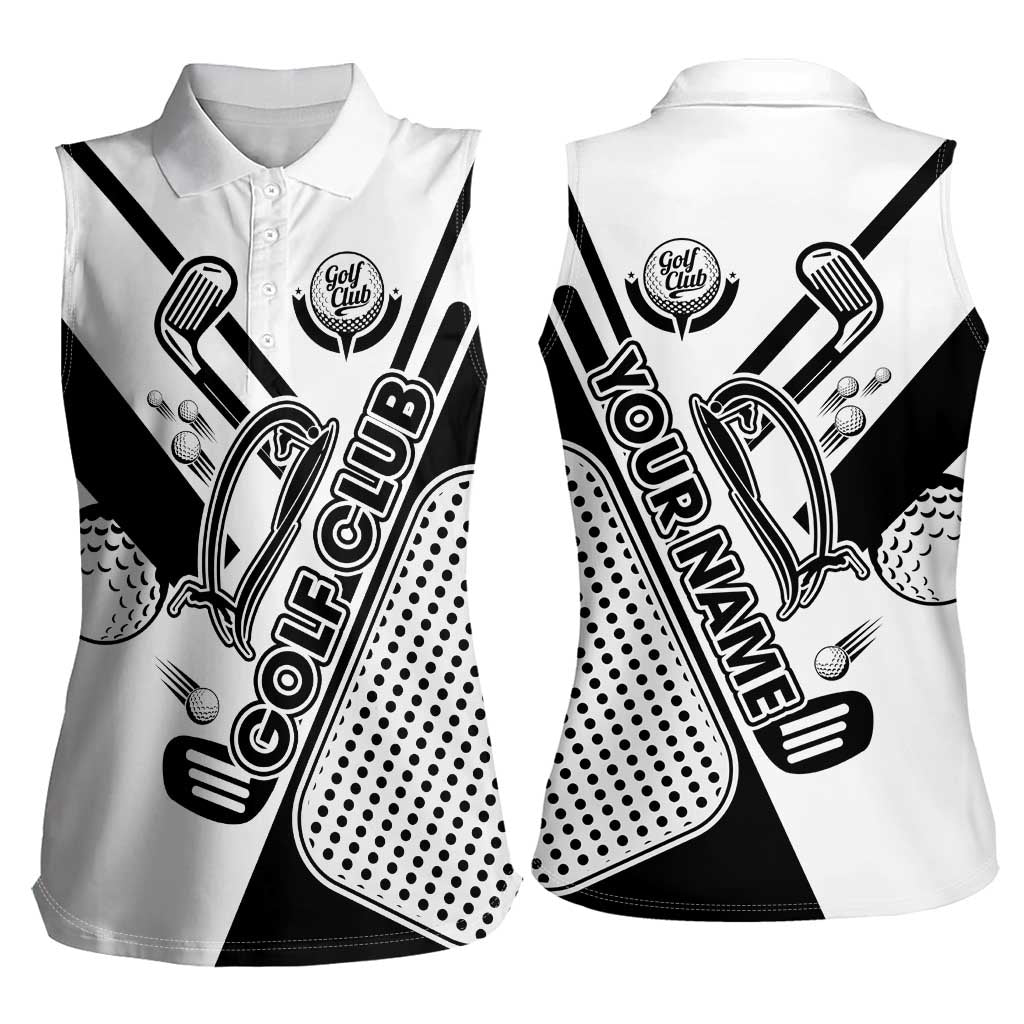 Golf Club Monochrome Design Women Sleeveless Polo Shirt with Golf Ball and Club Graphic and Custom Name Print - Wonder Print Shop