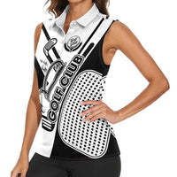 Golf Club Monochrome Design Women Sleeveless Polo Shirt with Golf Ball and Club Graphic and Custom Name Print - Wonder Print Shop