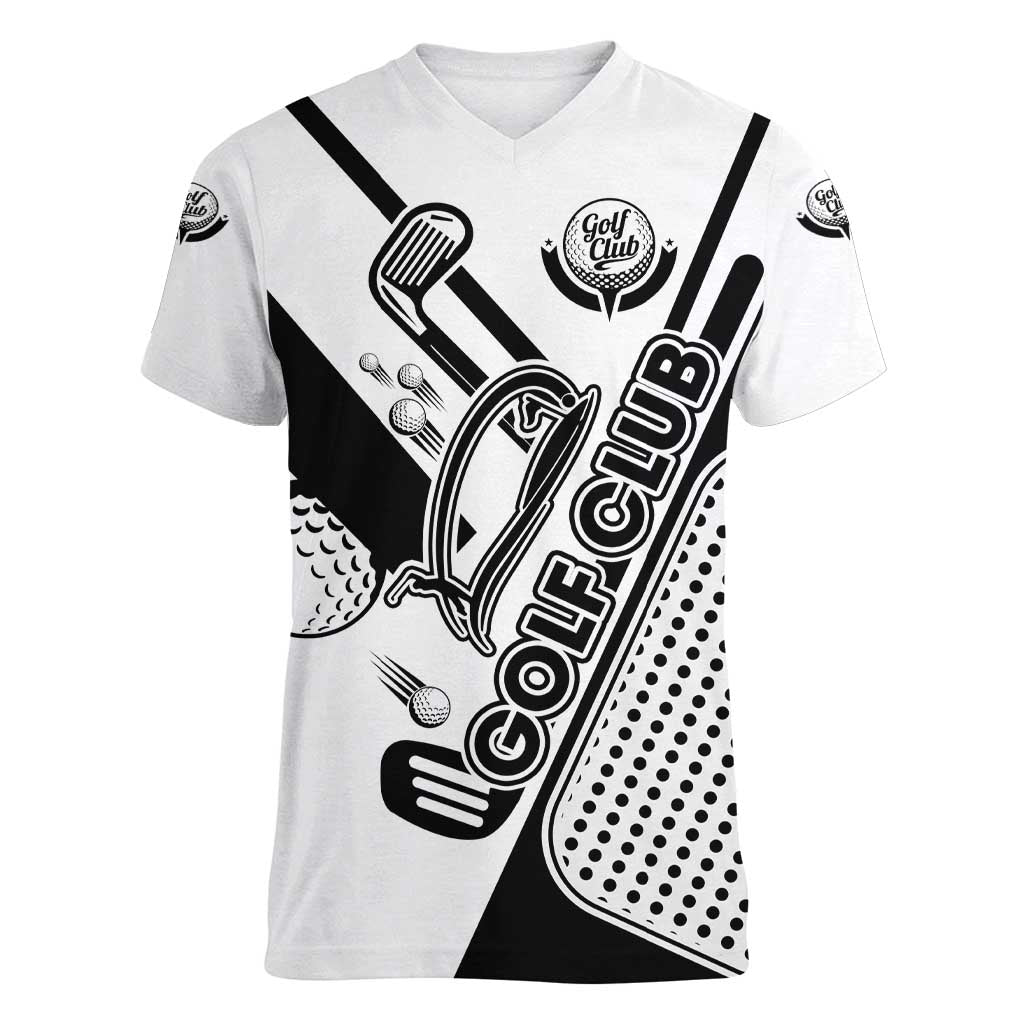 Golf Club Monochrome Design Women V-Neck T-Shirt with Golf Ball and Club Graphic and Custom Name Print - Wonder Print Shop