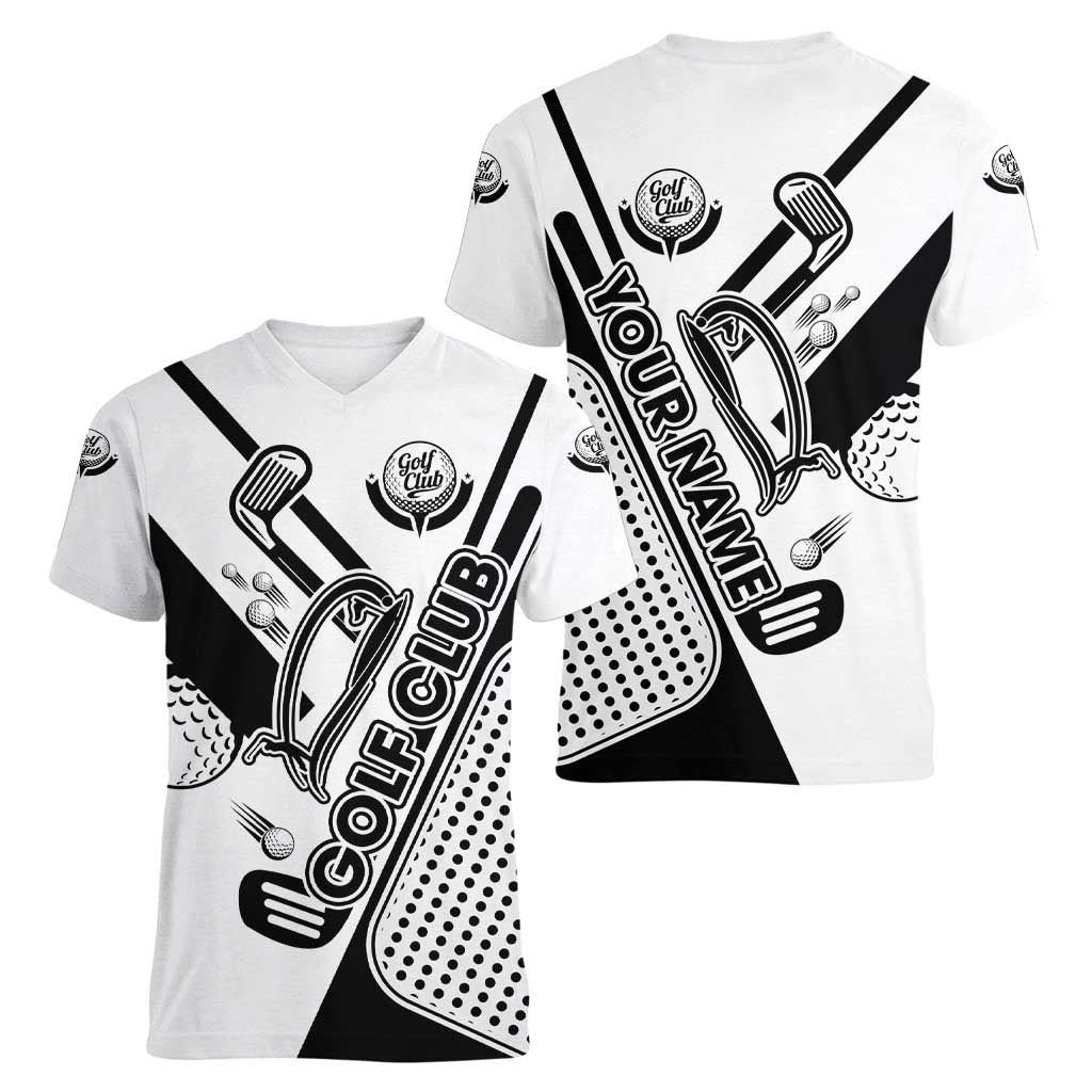 Golf Club Monochrome Design Women V-Neck T-Shirt with Golf Ball and Club Graphic and Custom Name Print - Wonder Print Shop