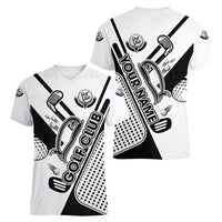 Golf Club Monochrome Design Women V-Neck T-Shirt with Golf Ball and Club Graphic and Custom Name Print - Wonder Print Shop
