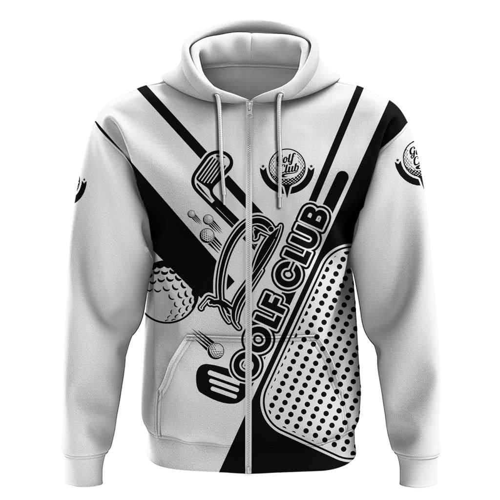 Golf Club Monochrome Design Zip Hoodie with Golf Ball and Club Graphic and Custom Name Print - Wonder Print Shop