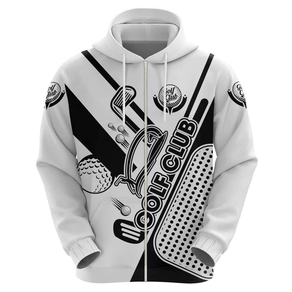 Golf Club Monochrome Design Zip Hoodie with Golf Ball and Club Graphic and Custom Name Print - Wonder Print Shop