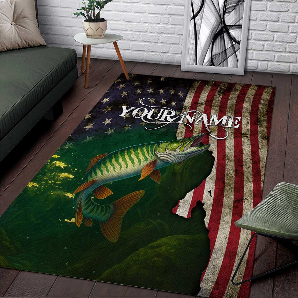 Musky Fishing Design Area Rug with American Flag Background and Custom Name Print - Wonder Print Shop