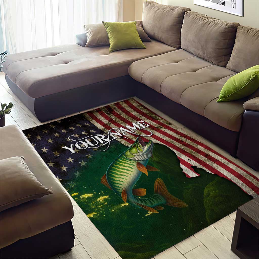 Musky Fishing Design Area Rug with American Flag Background and Custom Name Print - Wonder Print Shop