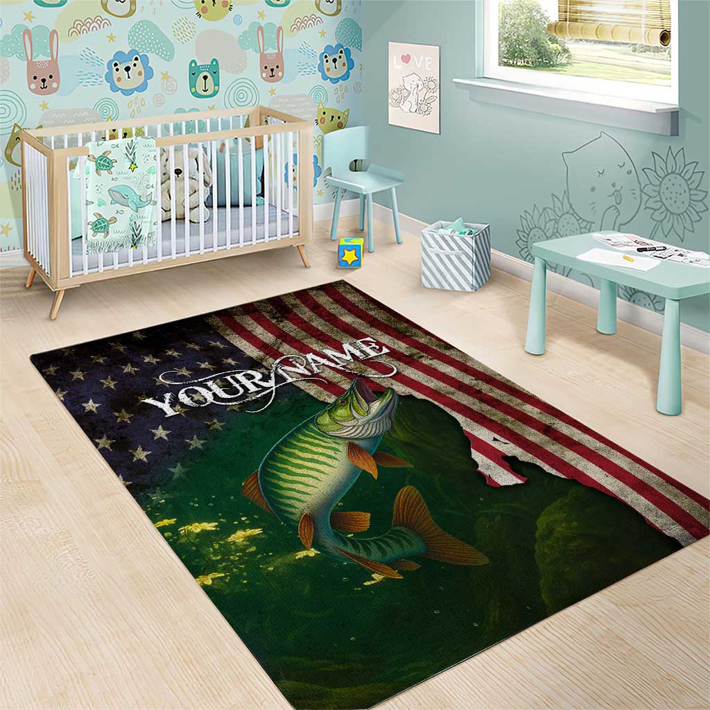 Musky Fishing Design Area Rug with American Flag Background and Custom Name Print - Wonder Print Shop