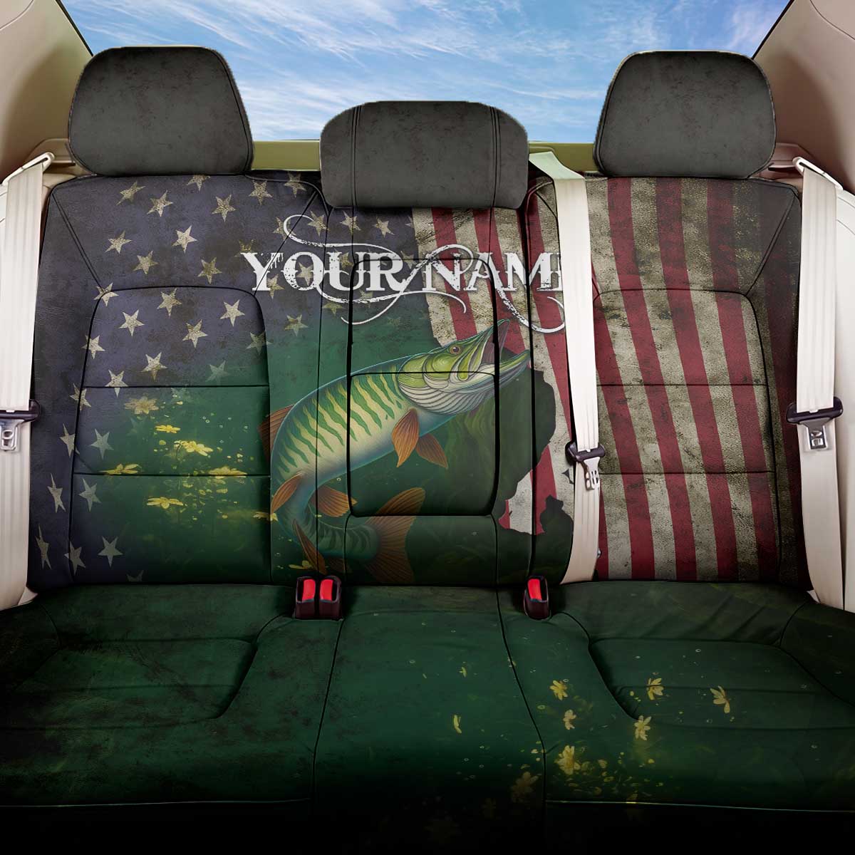 Musky Fishing Design Back Car Seat Cover with American Flag Background and Custom Name Print - Wonder Print Shop