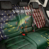 Musky Fishing Design Back Car Seat Cover with American Flag Background and Custom Name Print - Wonder Print Shop