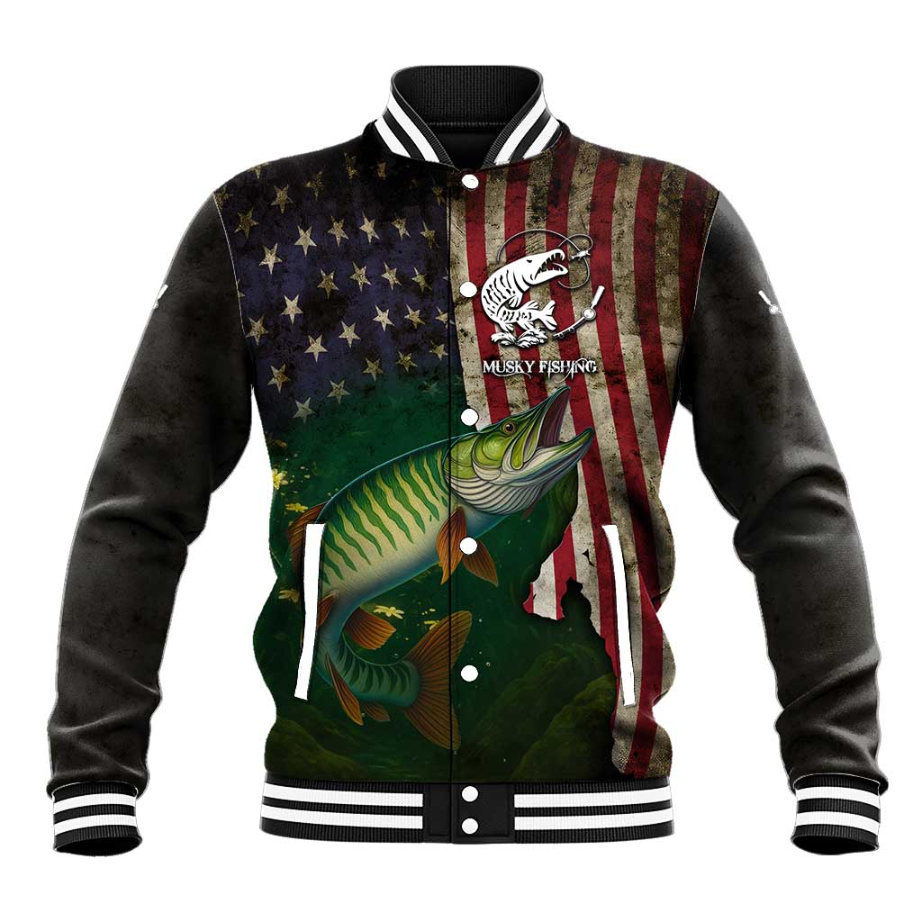 Musky Fishing Design Baseball Jacket with American Flag Background and Custom Name Print - Wonder Print Shop