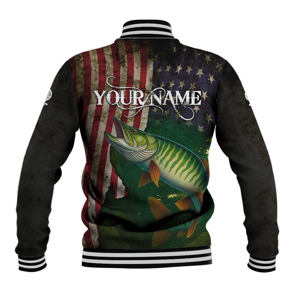 Musky Fishing Design Baseball Jacket with American Flag Background and Custom Name Print - Wonder Print Shop