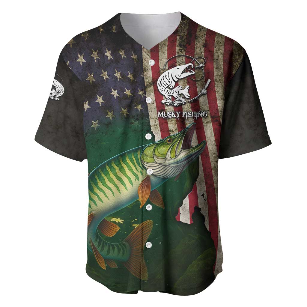 Musky Fishing Design Baseball Jersey with American Flag Background and Custom Name Print - Wonder Print Shop