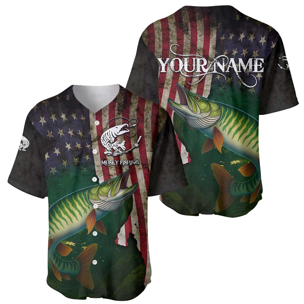 Musky Fishing Design Baseball Jersey with American Flag Background and Custom Name Print - Wonder Print Shop
