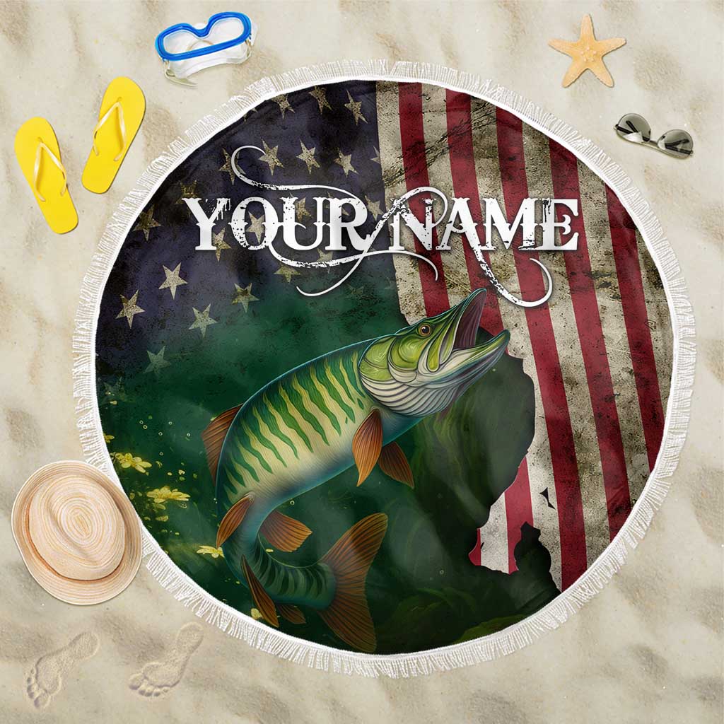 Musky Fishing Design Beach Blanket with American Flag Background and Custom Name Print - Wonder Print Shop