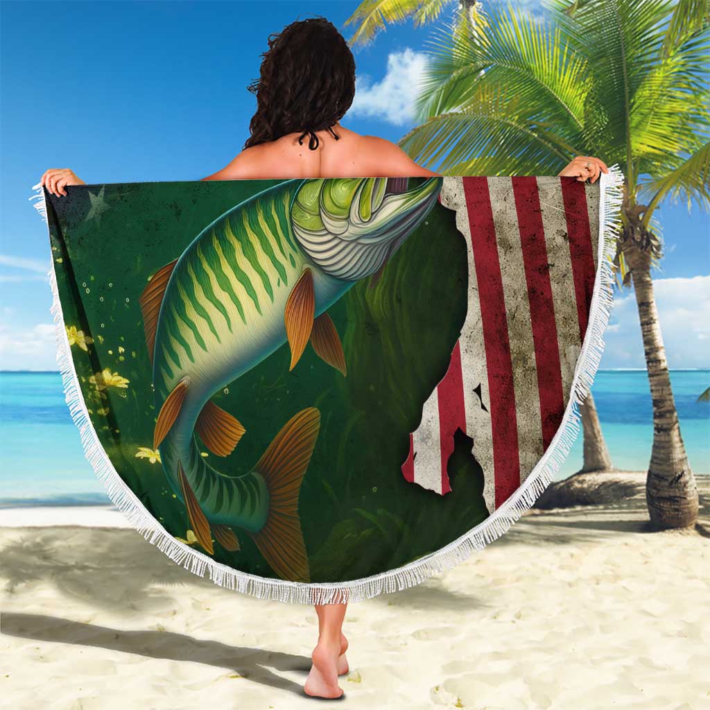 Musky Fishing Design Beach Blanket with American Flag Background and Custom Name Print - Wonder Print Shop