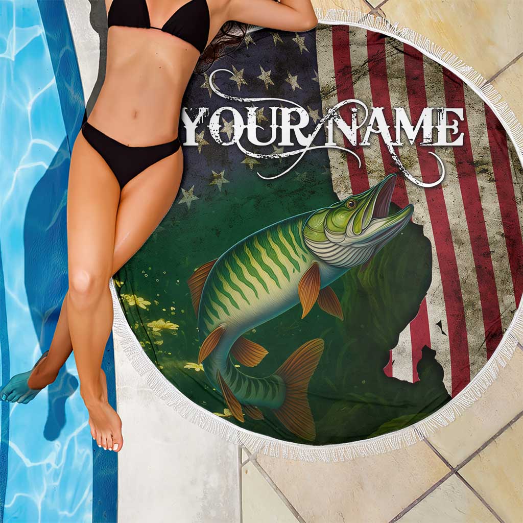 Musky Fishing Design Beach Blanket with American Flag Background and Custom Name Print - Wonder Print Shop