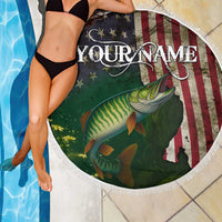 Musky Fishing Design Beach Blanket with American Flag Background and Custom Name Print - Wonder Print Shop
