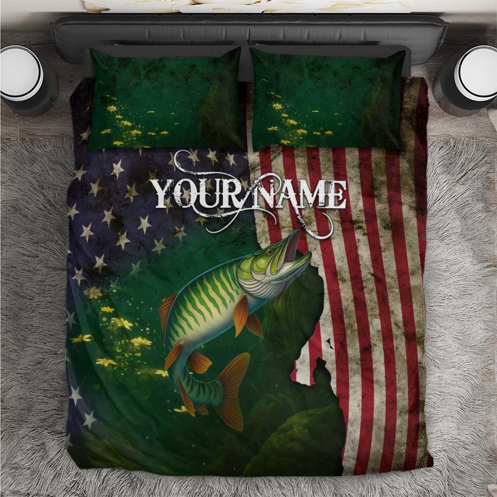 Musky Fishing Design Bedding Set with American Flag Background and Custom Name Print - Wonder Print Shop