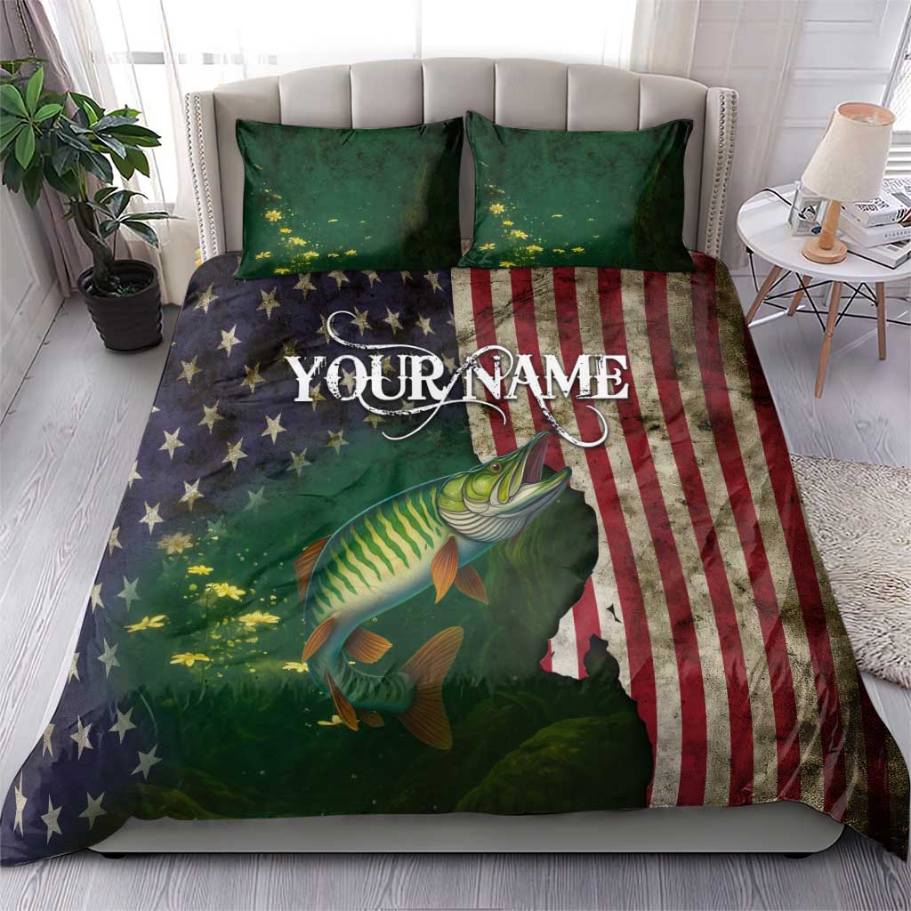 Musky Fishing Design Bedding Set with American Flag Background and Custom Name Print - Wonder Print Shop
