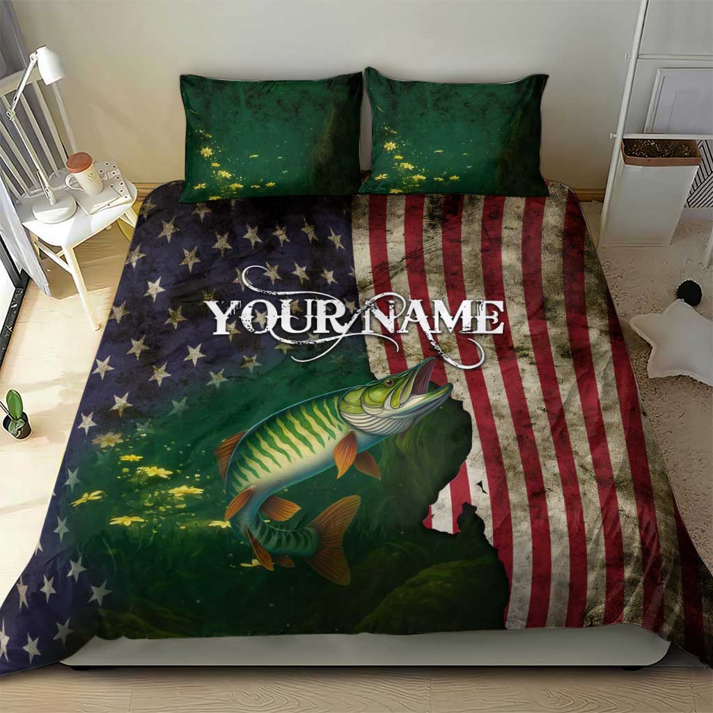 Musky Fishing Design Bedding Set with American Flag Background and Custom Name Print - Wonder Print Shop
