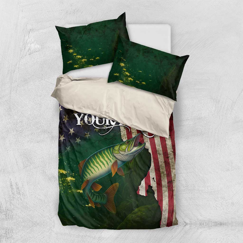 Musky Fishing Design Bedding Set with American Flag Background and Custom Name Print - Wonder Print Shop