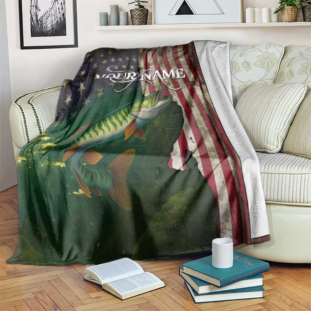 Musky Fishing Design Blanket with American Flag Background and Custom Name Print - Wonder Print Shop